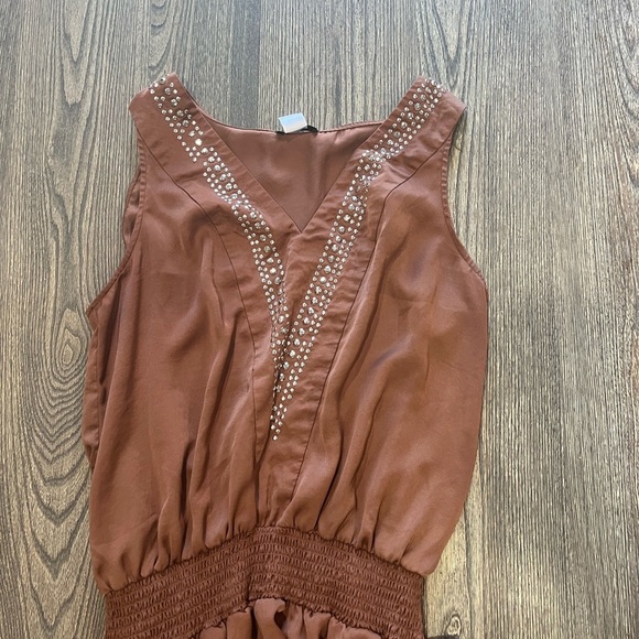 Venus Western Smocked Sleeveless Mini Tier Dress Satin Studded Brown Size 44 - Picture 3 of 6